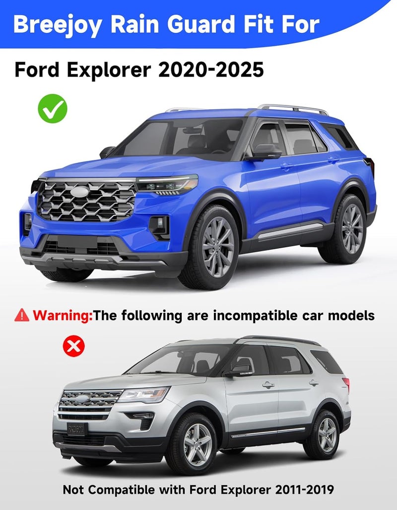 Breejoy in-Channel Window Rain Guards Fit for Ford Explorer 2020 2021 2022 2023 2024 2025 2026,Extra Durable Window Deflector Rain Guards Visor Vent Visors Vent Shades Car Accessories -4 pcs - Image 3